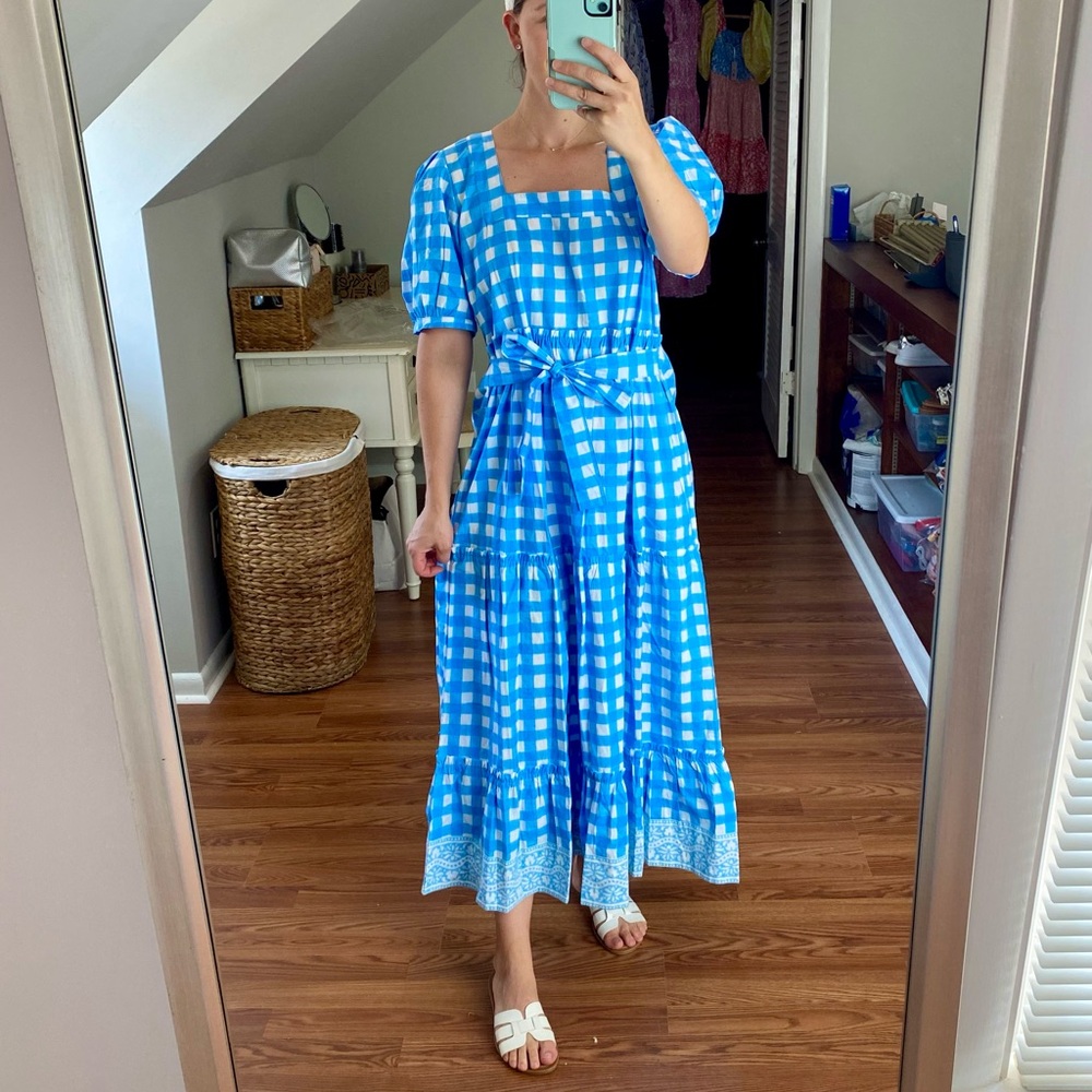 SOLD SZ Blockprints Tuckernuck Divya Cotton Midi Puff Sleeve Dress Gingham Blue - Picture 8 of 14